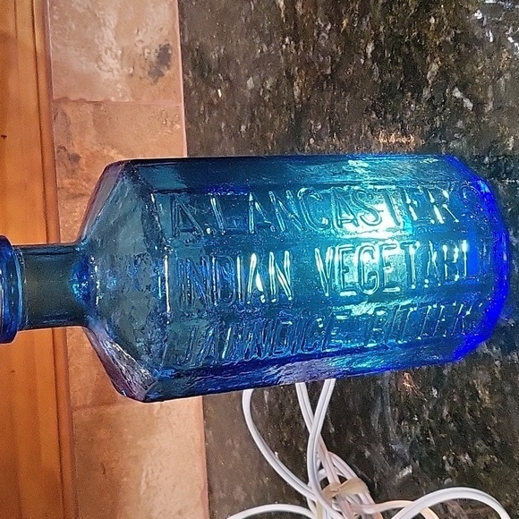 Vintage Blue Glass A. Lancaster's Indian Vegetable Jaundice Bitters Bottle by Wh - Picture 2 of 8